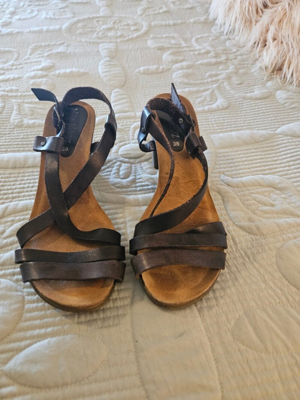 Miz Mooz Brown Leather Strappy Block Heel Sandals 38